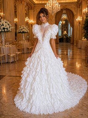 VTG Ruffled Romantic Wedding Dress Train Size S Beaded NWOT Princess Fairy Ball